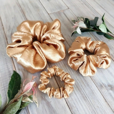 Gold luxe satin scrunchies - Slim, Mid-size or Large