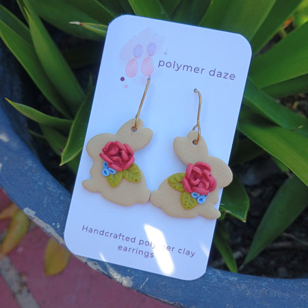 Rose flower rabbit dangle earrings