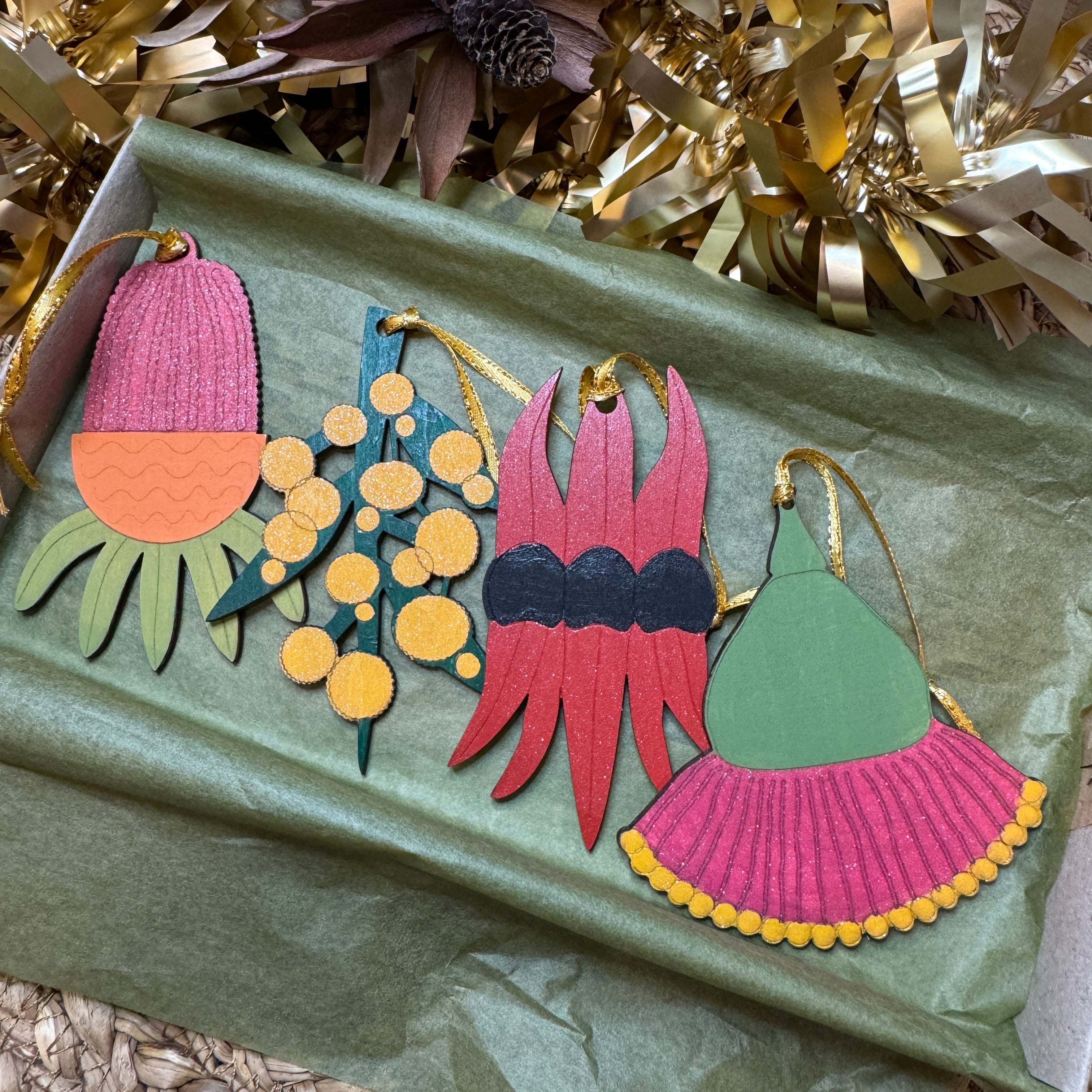 Set of 4 Australian Hand painted Flower Christmas Decorations