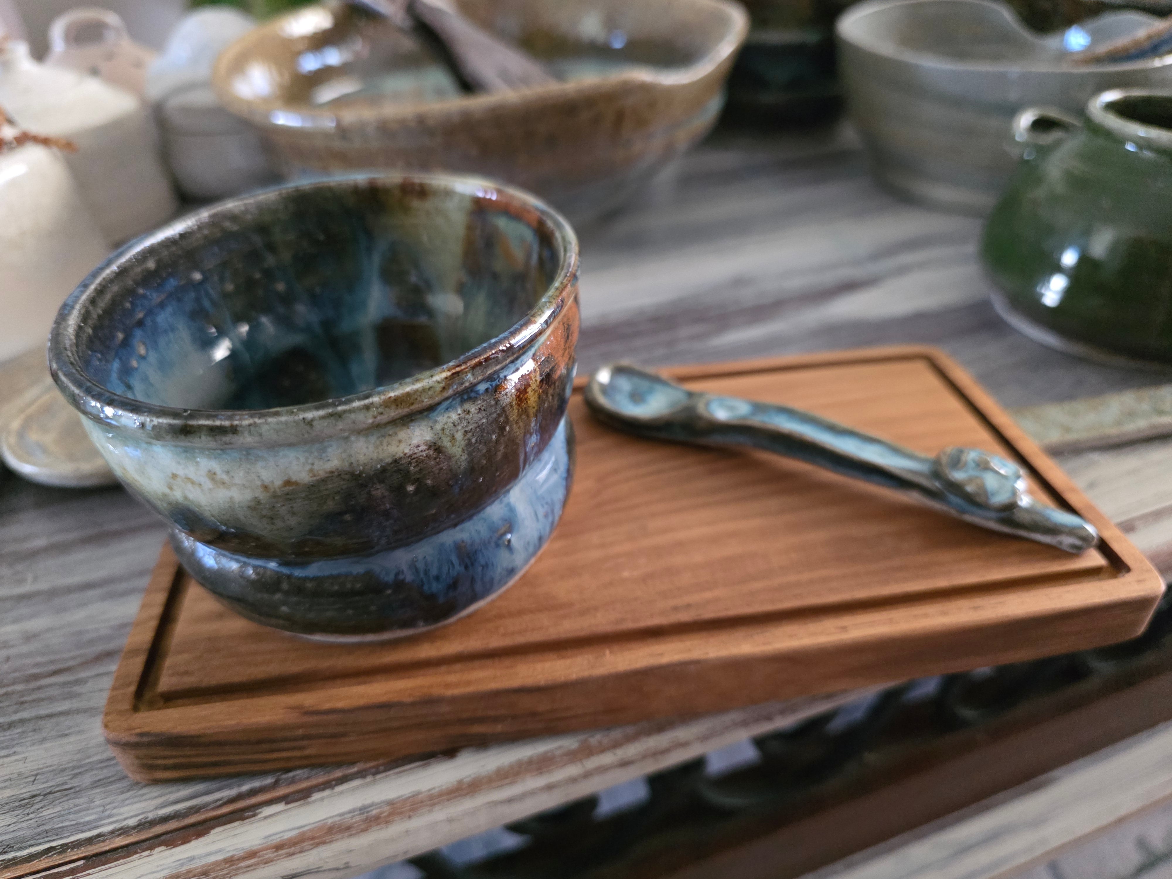 Handmade Rustic Ceramic Bowl, Spoon & Timber Board Set