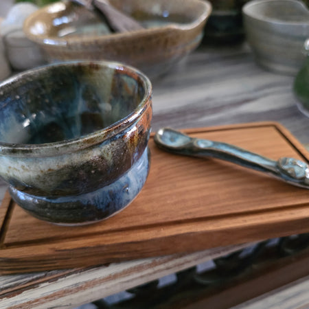 Handmade Rustic Ceramic Bowl, Spoon & Timber Board Set