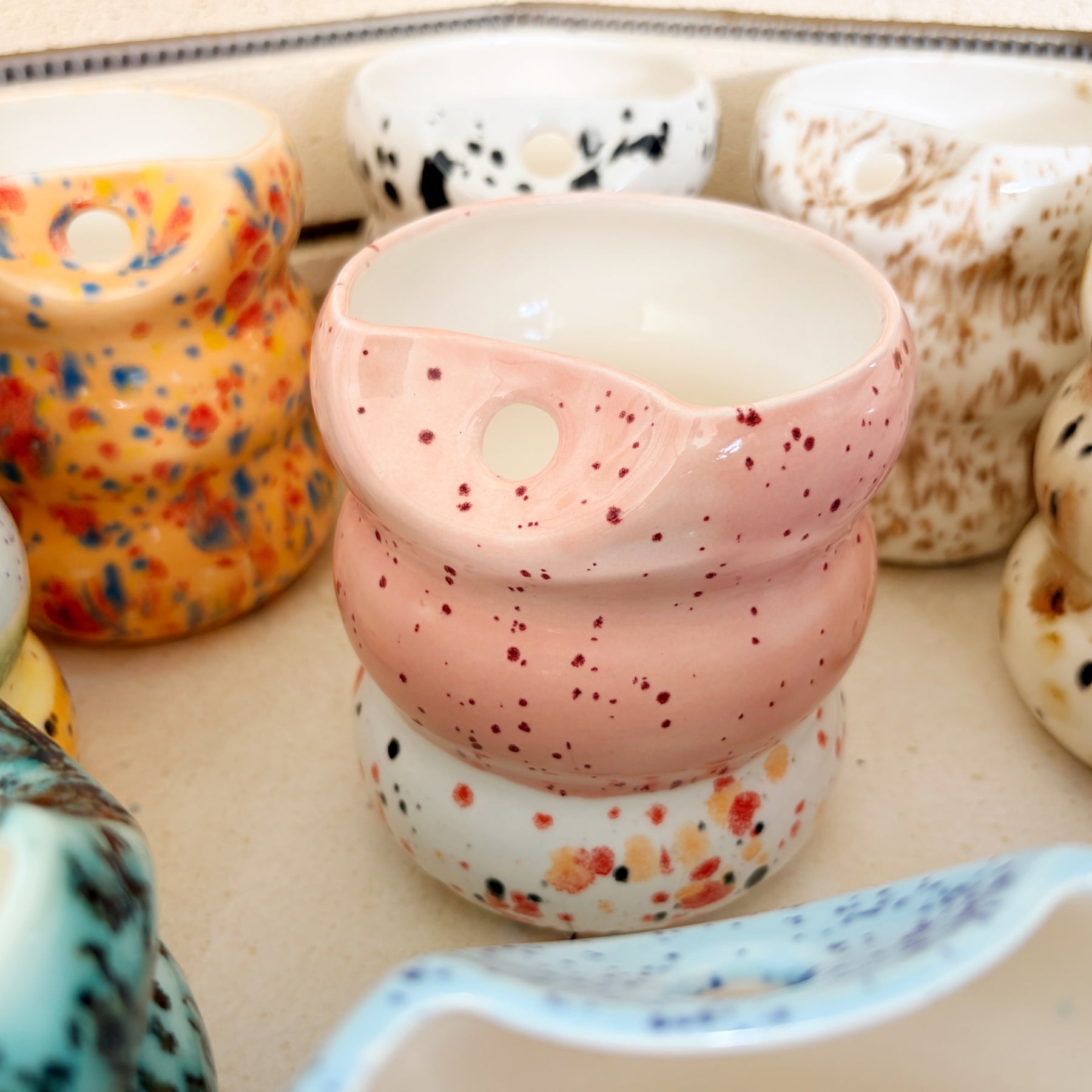 Handcrafted Porcelain Tumbler with Silicon Straw, 600mL Bubble Cup in Strawberry Boba Glaze