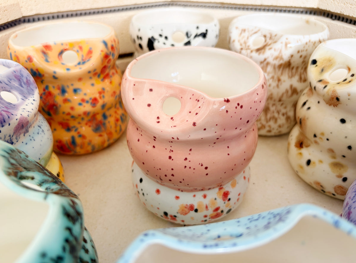Handcrafted Porcelain Tumbler with Silicon Straw, 600mL Bubble Cup in Strawberry Boba Glaze