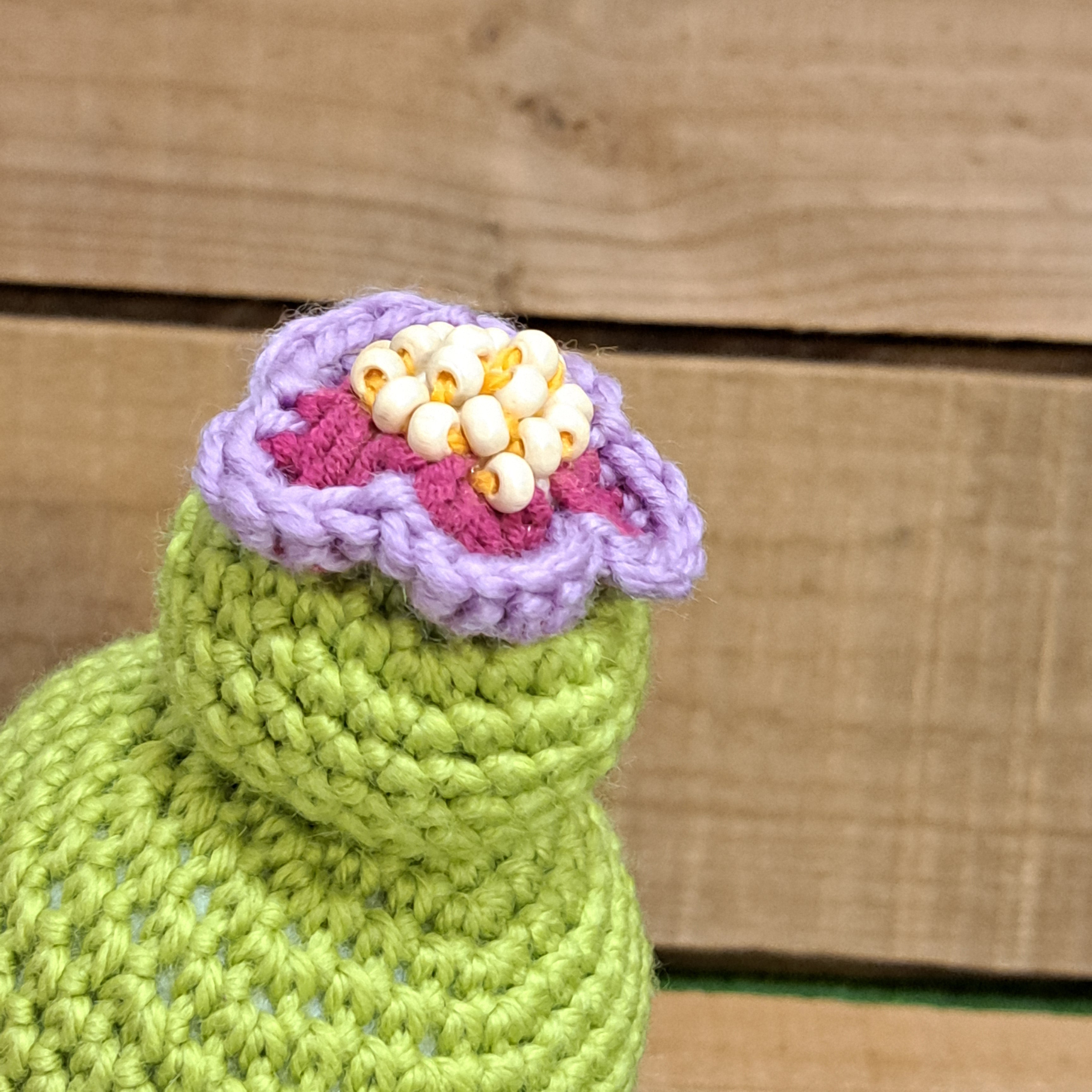 Crochet cactus/ in a terracotta pot/ purple beaded flower