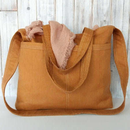 Cinnamon Linen shoulder bag - Divided pockets, magnetic closure- Handmade bag