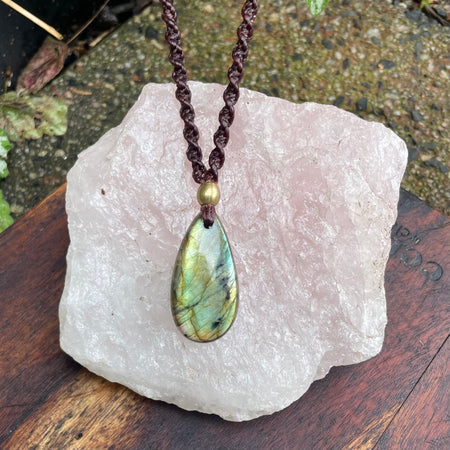 Labradorite Pendant Necklace: Beaded Macrame, Adjustable Boho Gift
