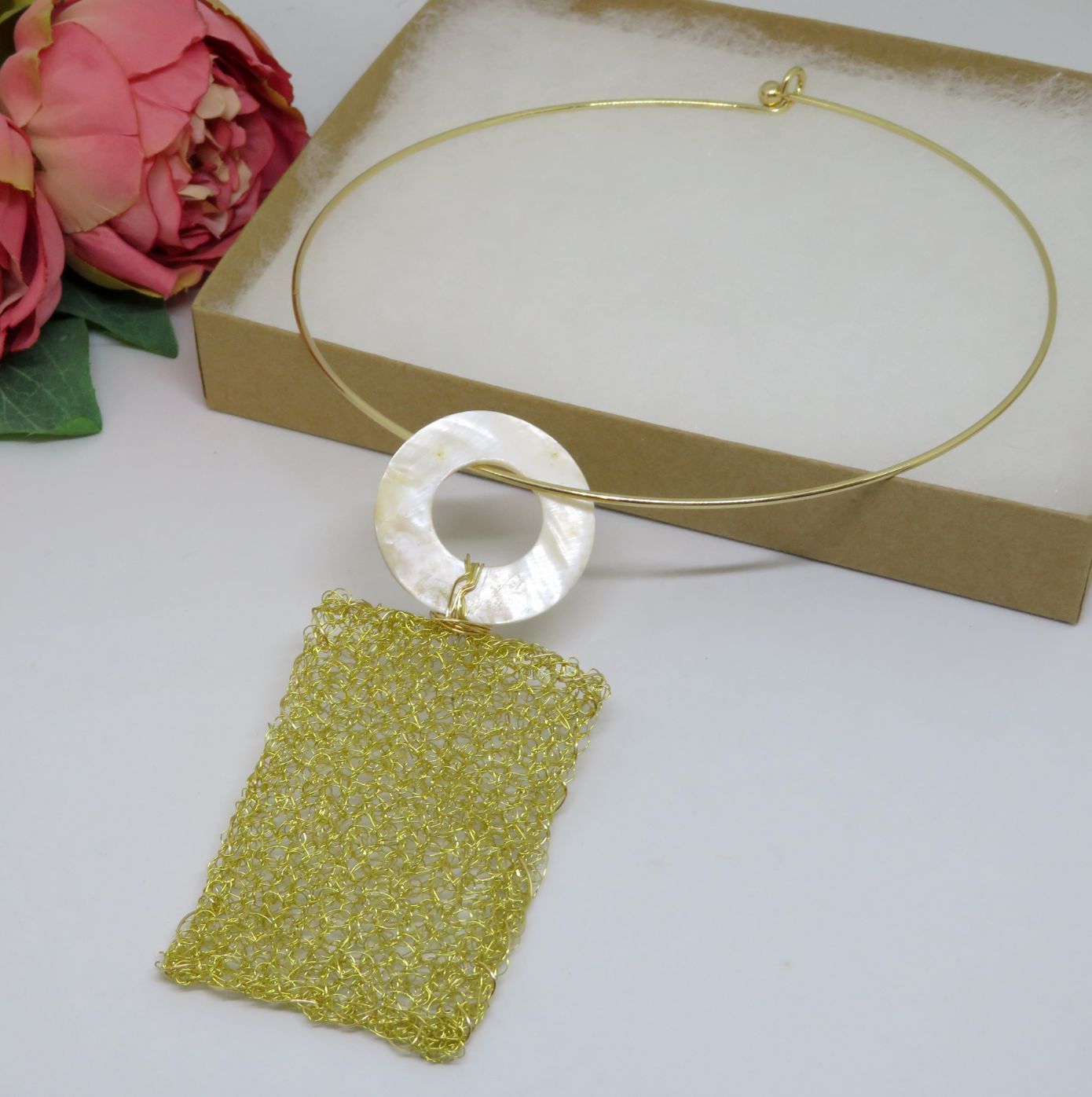 Bespoke Handmade Gold Crochet Wire Long Shell Pendant Choker Necklace