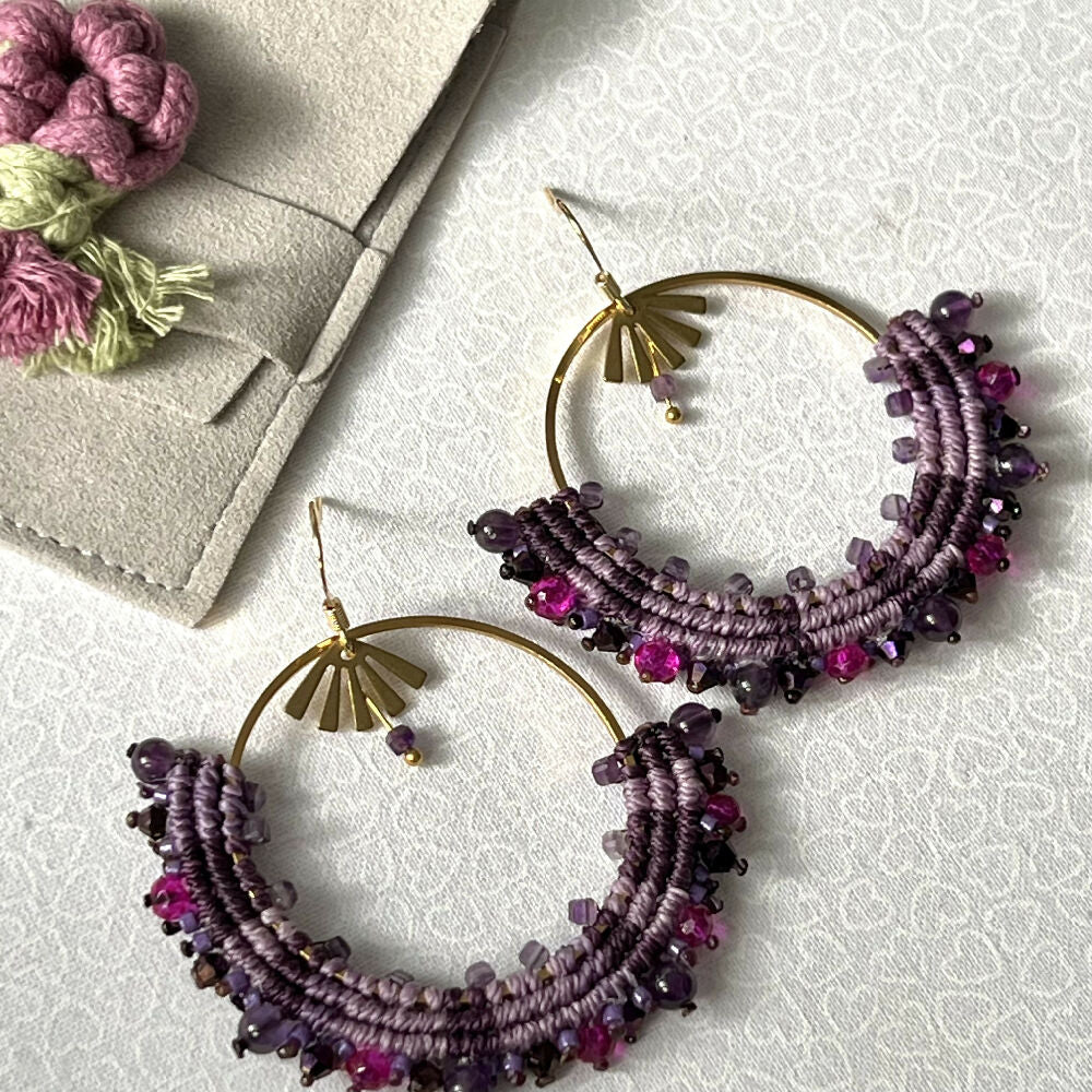 Large Purple Micro Macrame Earrings - Amethyst +Free Microfibre Pouch