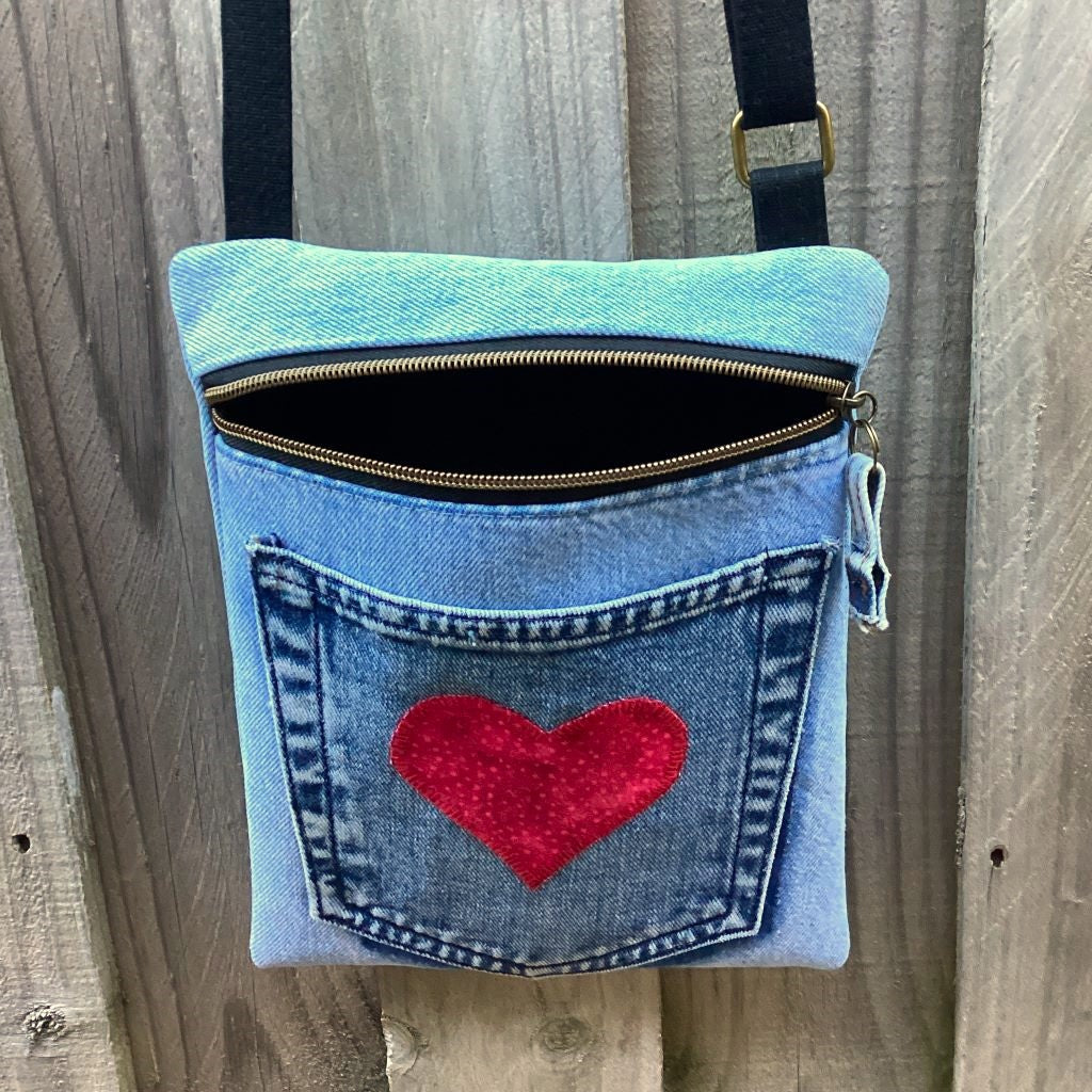 Cross Body Denim Bag - Pocket Red Heart