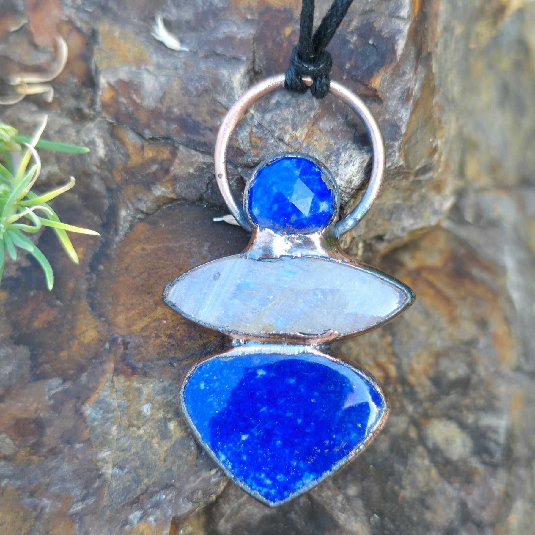 Lapis Lazuli & Belomorite Moonstone Copper Electroformed Pendant