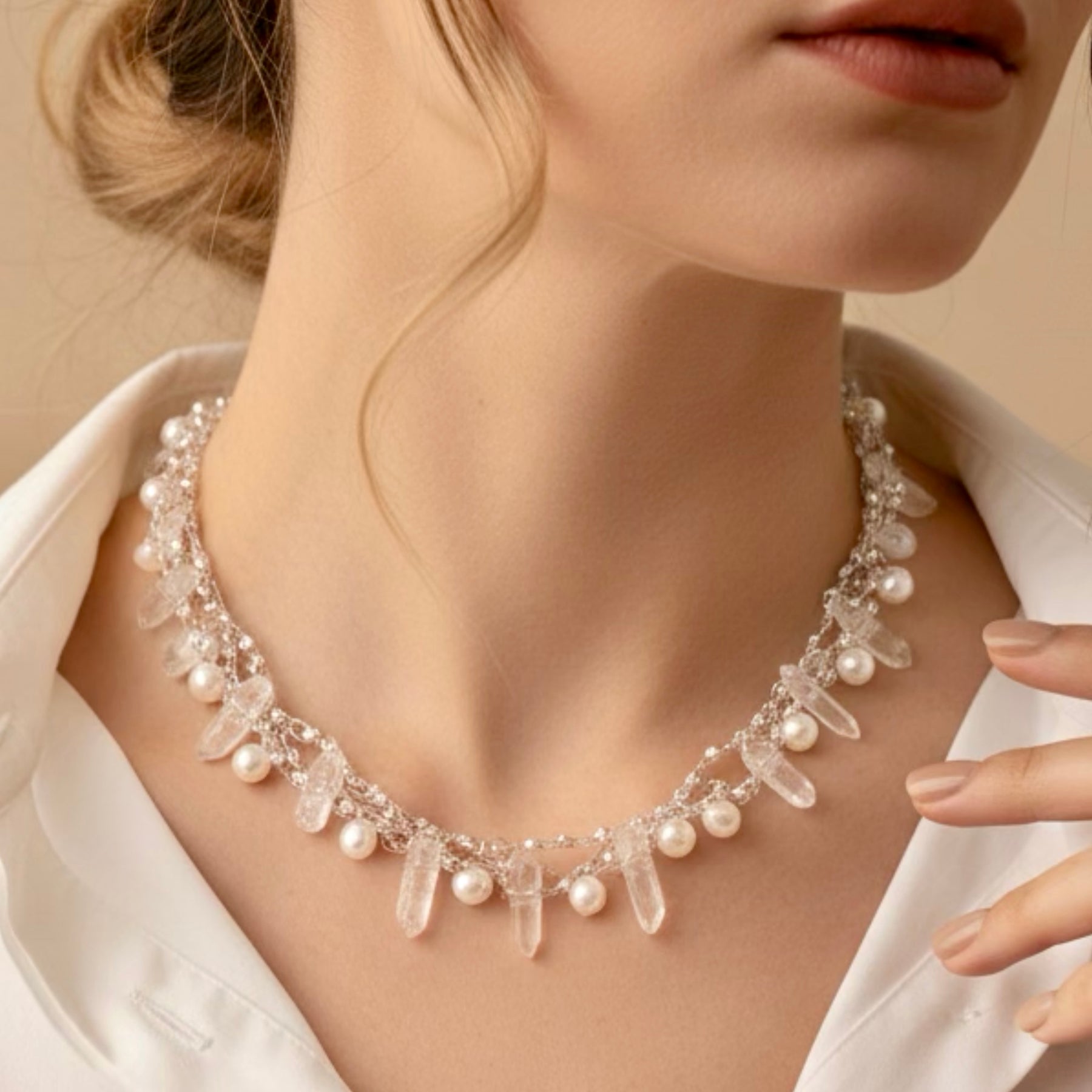 “The Snow Queen” Crochet Pearls & Crystals Necklace