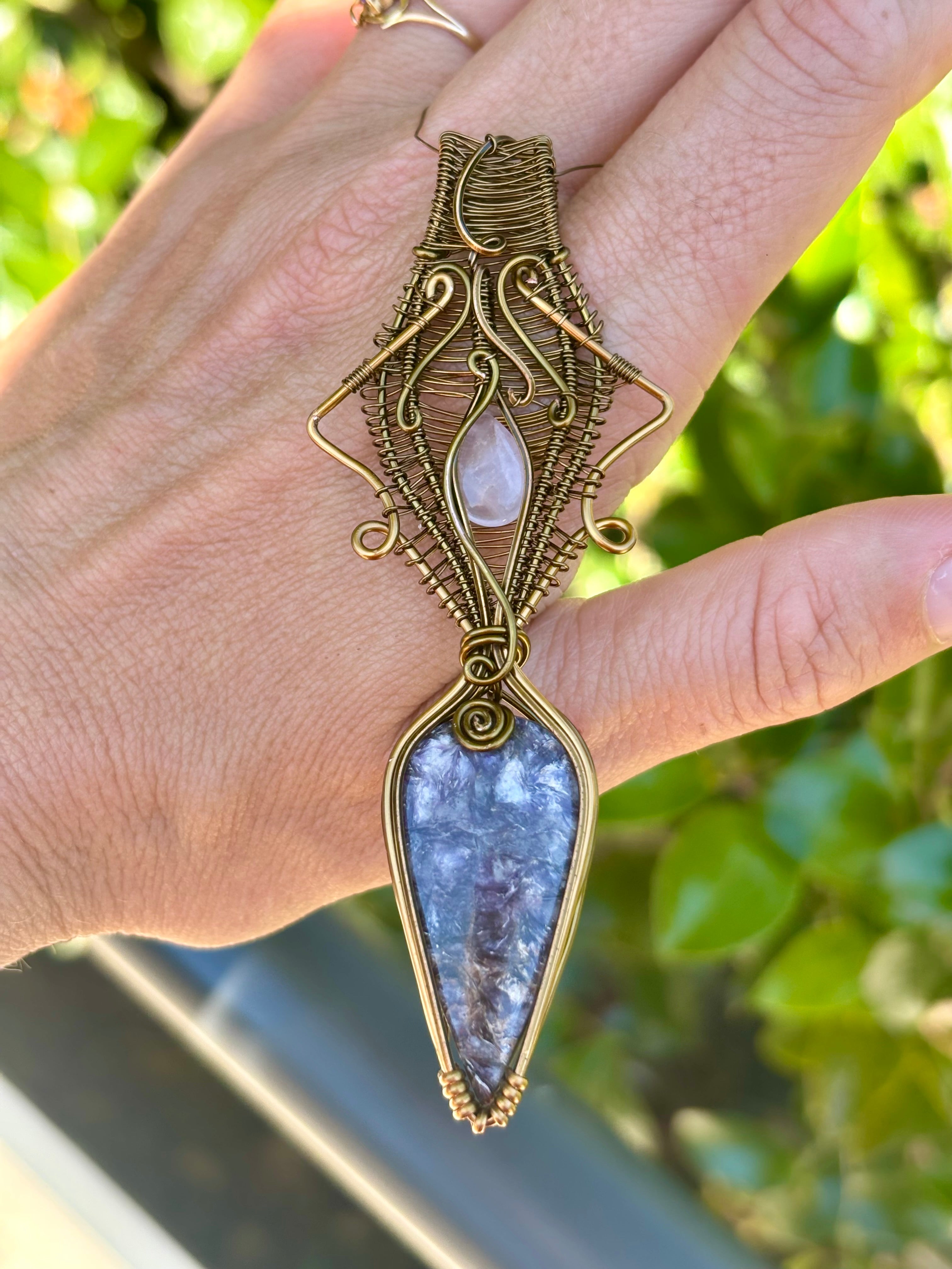 Rose Quartz Lepidolite Crystal pendant copper wire wrap