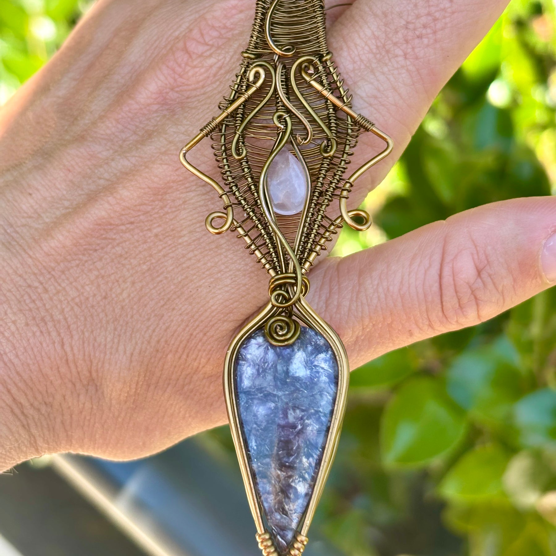 Rose Quartz Lepidolite Crystal pendant copper wire wrap