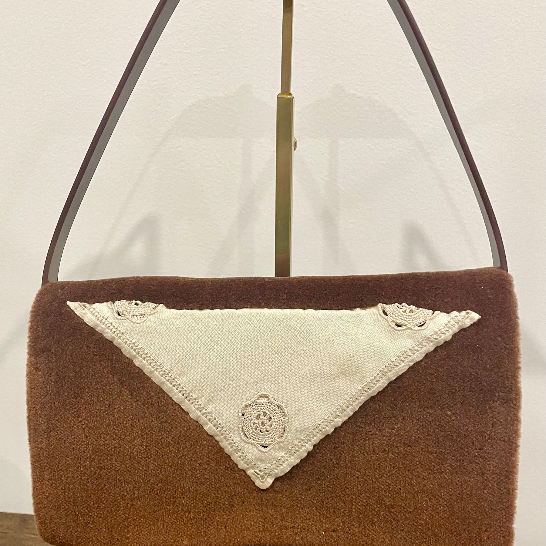 Brown Velvet Handbag — Embroidered Doily, One-of-a-Kind Upcycled Design