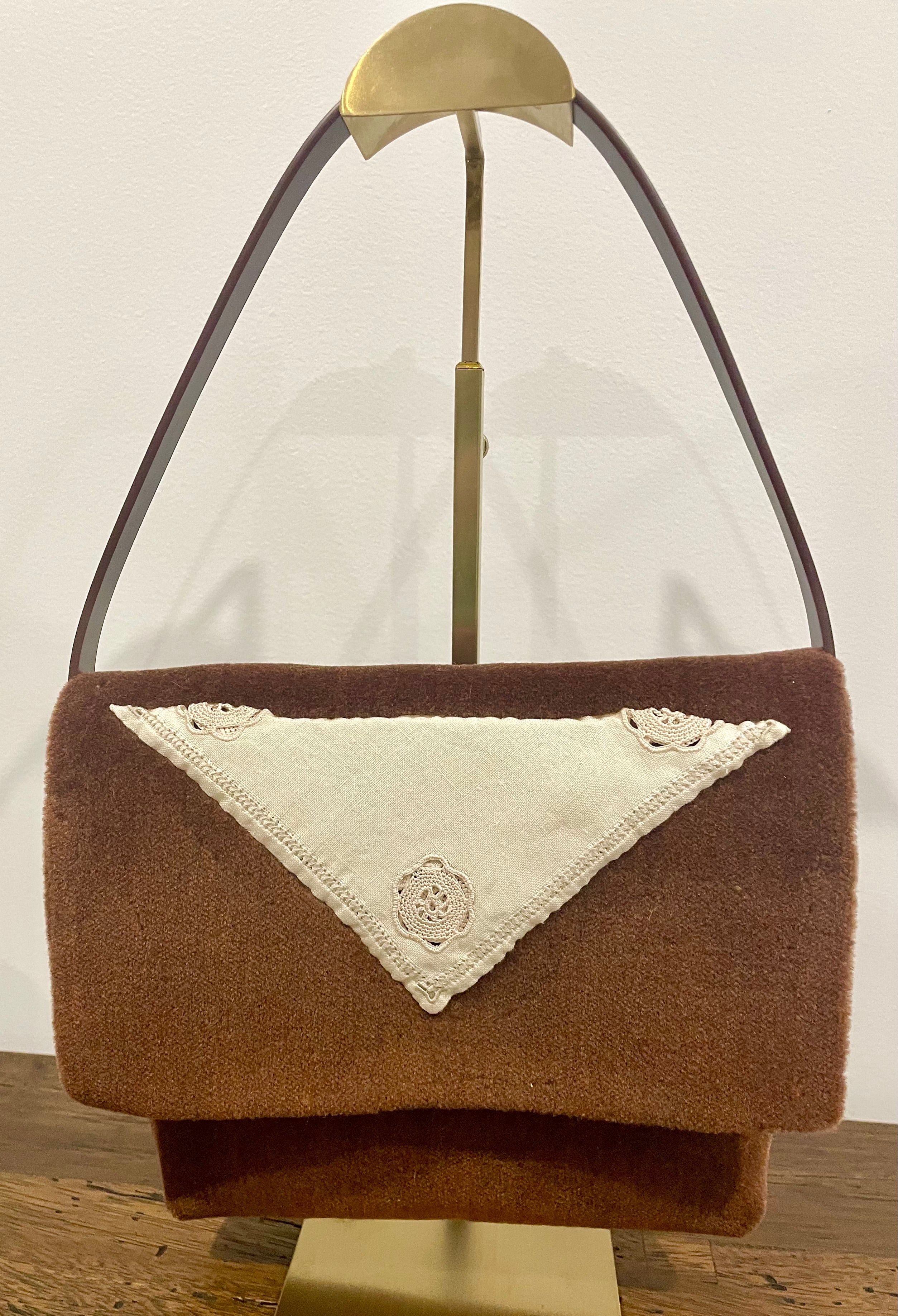 Brown Velvet Handbag — Embroidered Doily, One-of-a-Kind Upcycled Design