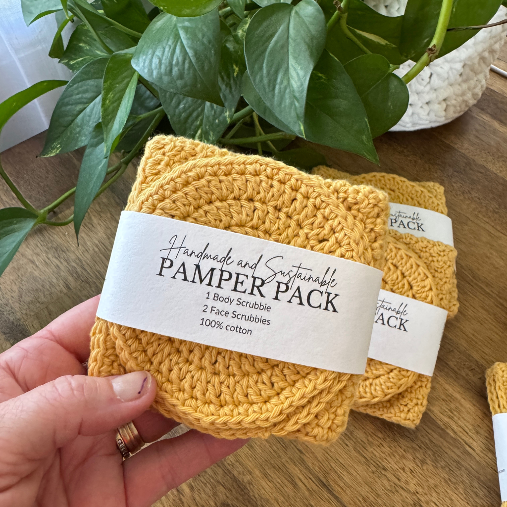 Handmade Pamper Pack Gift Set | Body & Face Scrubbie set | Mustard