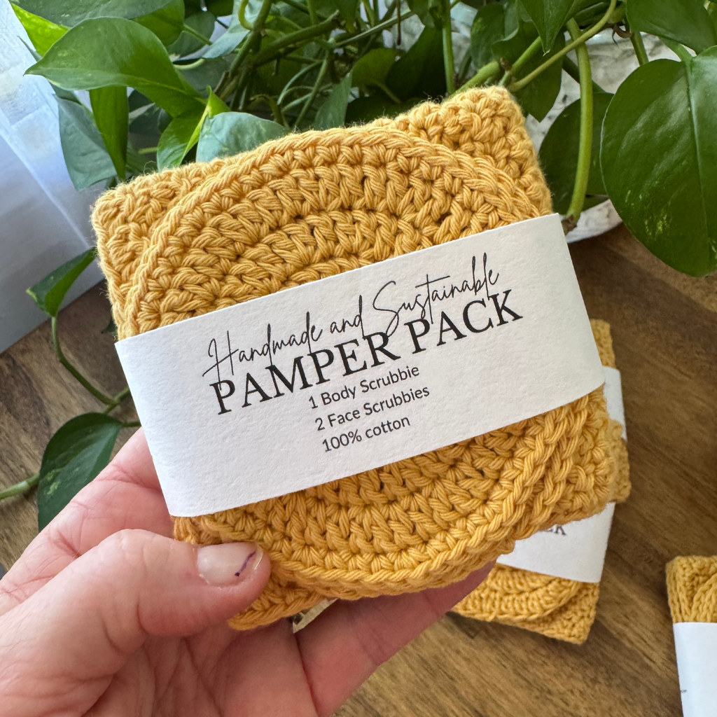 Handmade Pamper Pack Gift Set | Body & Face Scrubbie set | Mustard