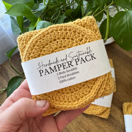 Handmade Pamper Pack Gift Set | Body & Face Scrubbie set | Mustard