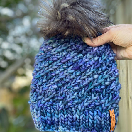 Blue Merino Beanie, ladies blue PomPom beanie