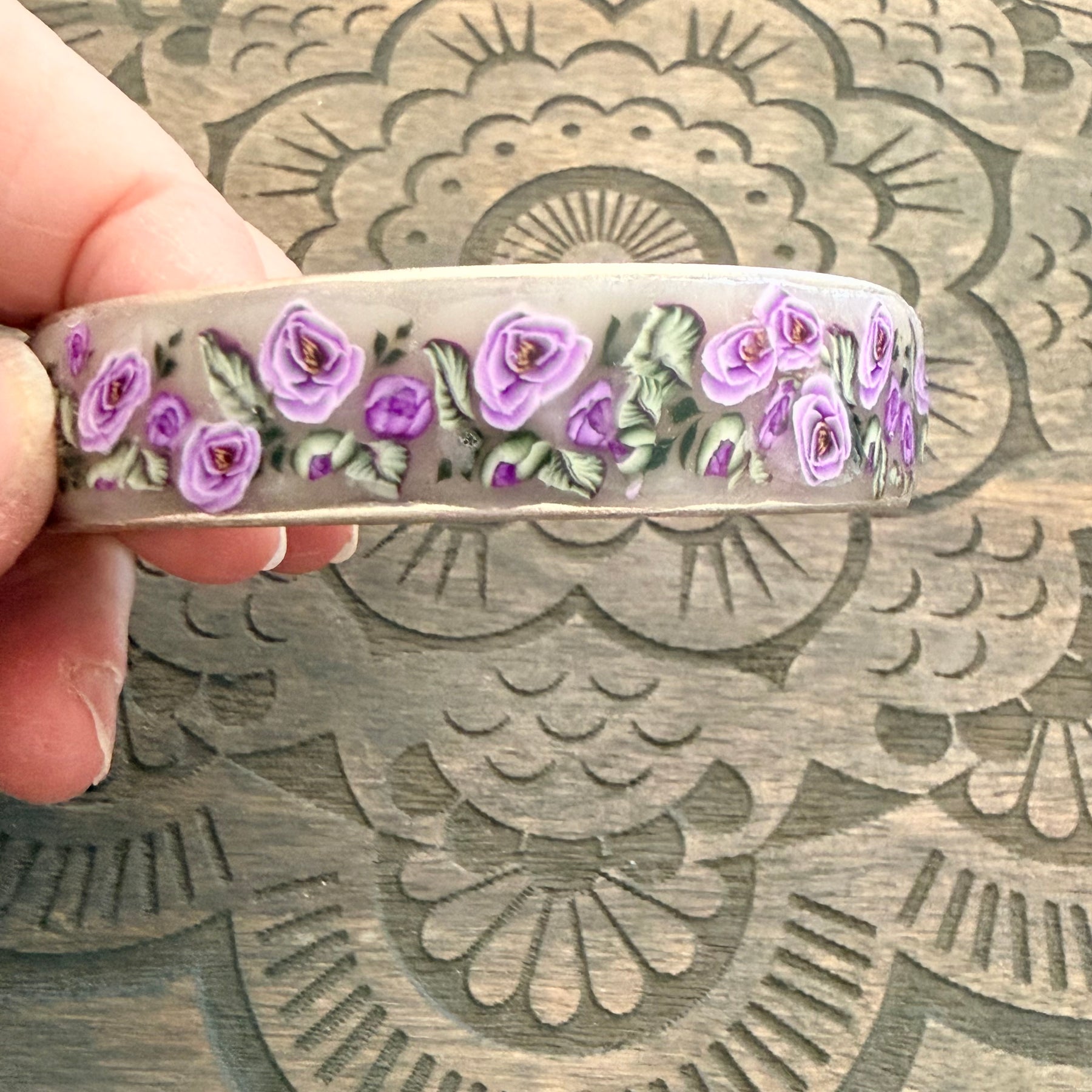 Lilac Roses, Buds & Leaves Polymer Clay On Antique Metal Bracelet