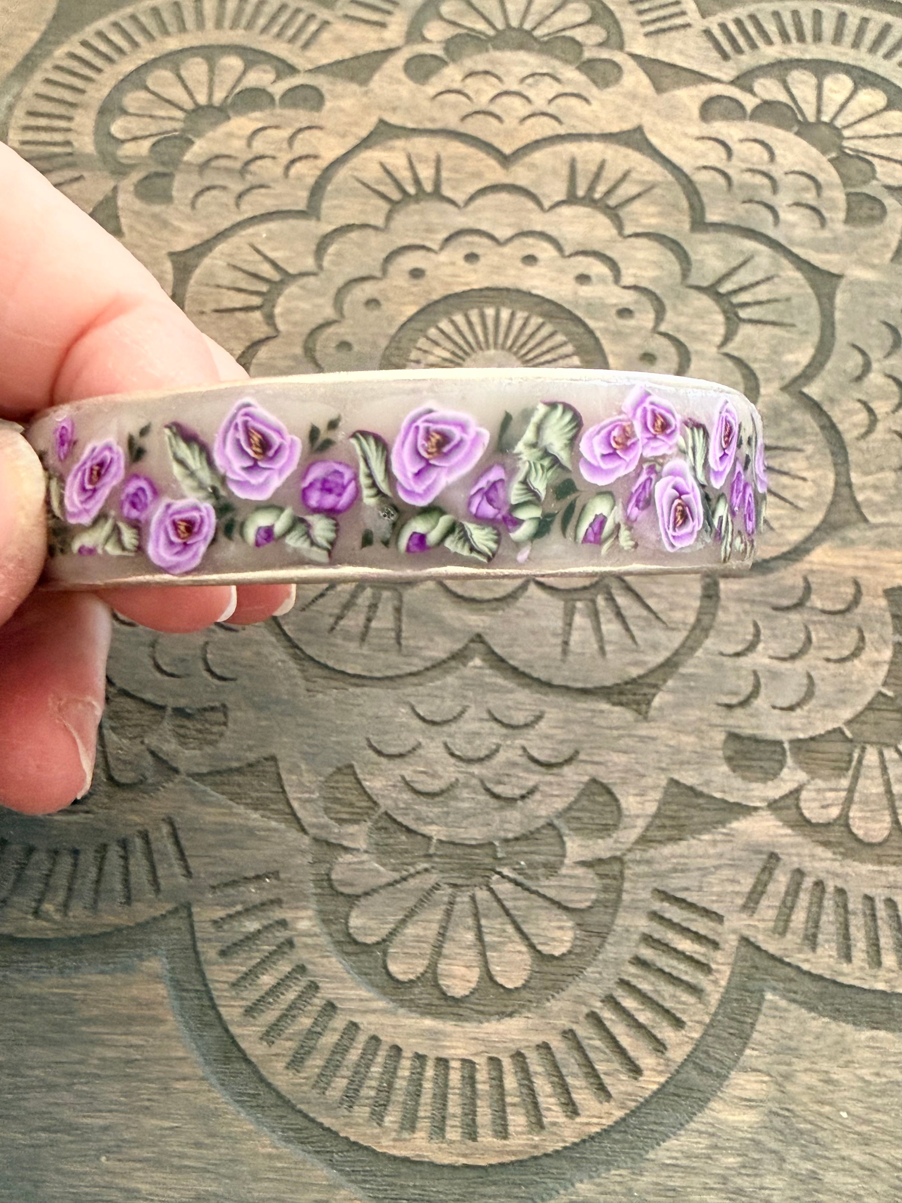 Lilac Roses, Buds & Leaves Polymer Clay On Antique Metal Bracelet