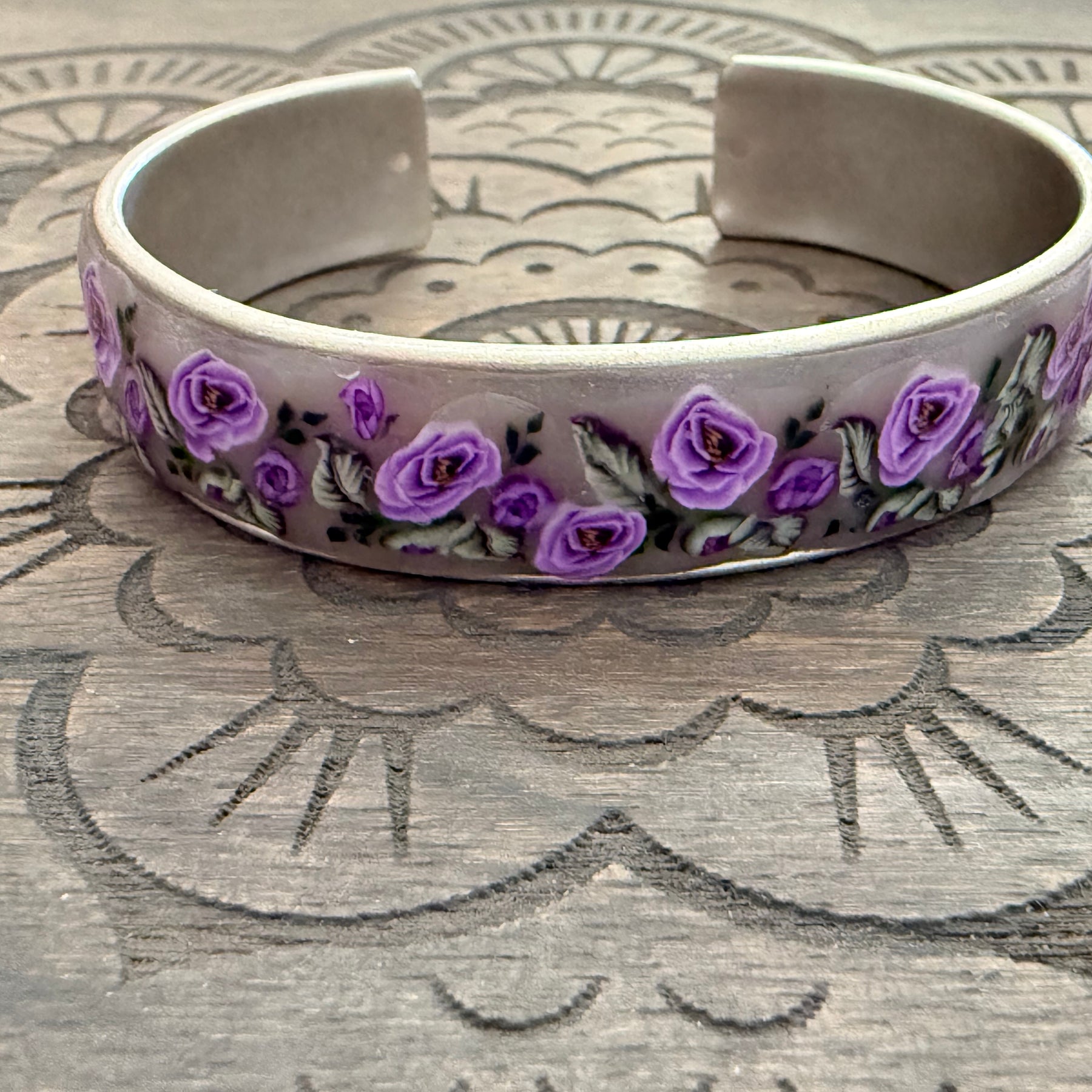 Lilac Roses, Buds & Leaves Polymer Clay On Antique Metal Bracelet