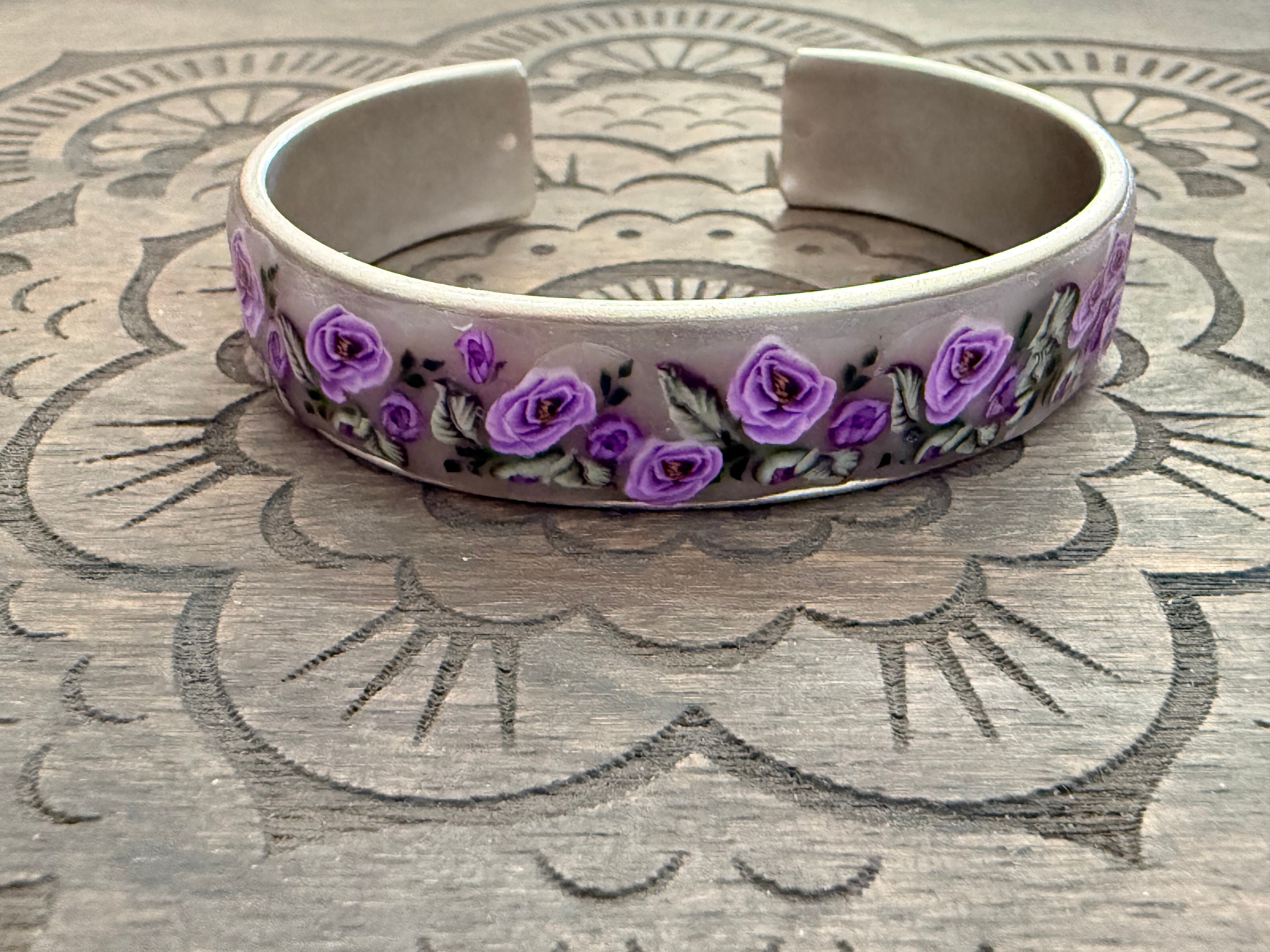 Lilac Roses, Buds & Leaves Polymer Clay On Antique Metal Bracelet