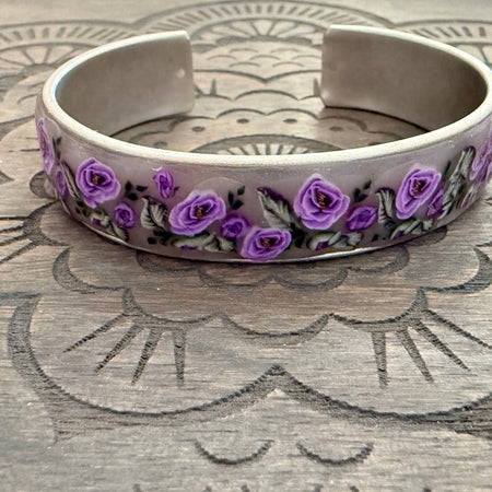 Lilac Roses, Buds & Leaves Polymer Clay On Antique Metal Bracelet