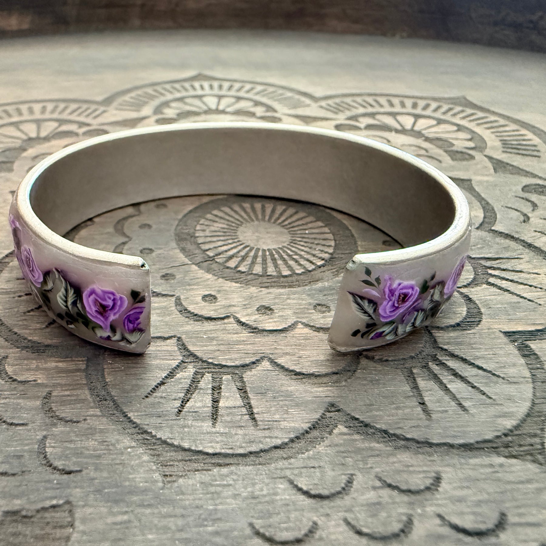 Lilac Roses, Buds & Leaves Polymer Clay On Antique Metal Bracelet