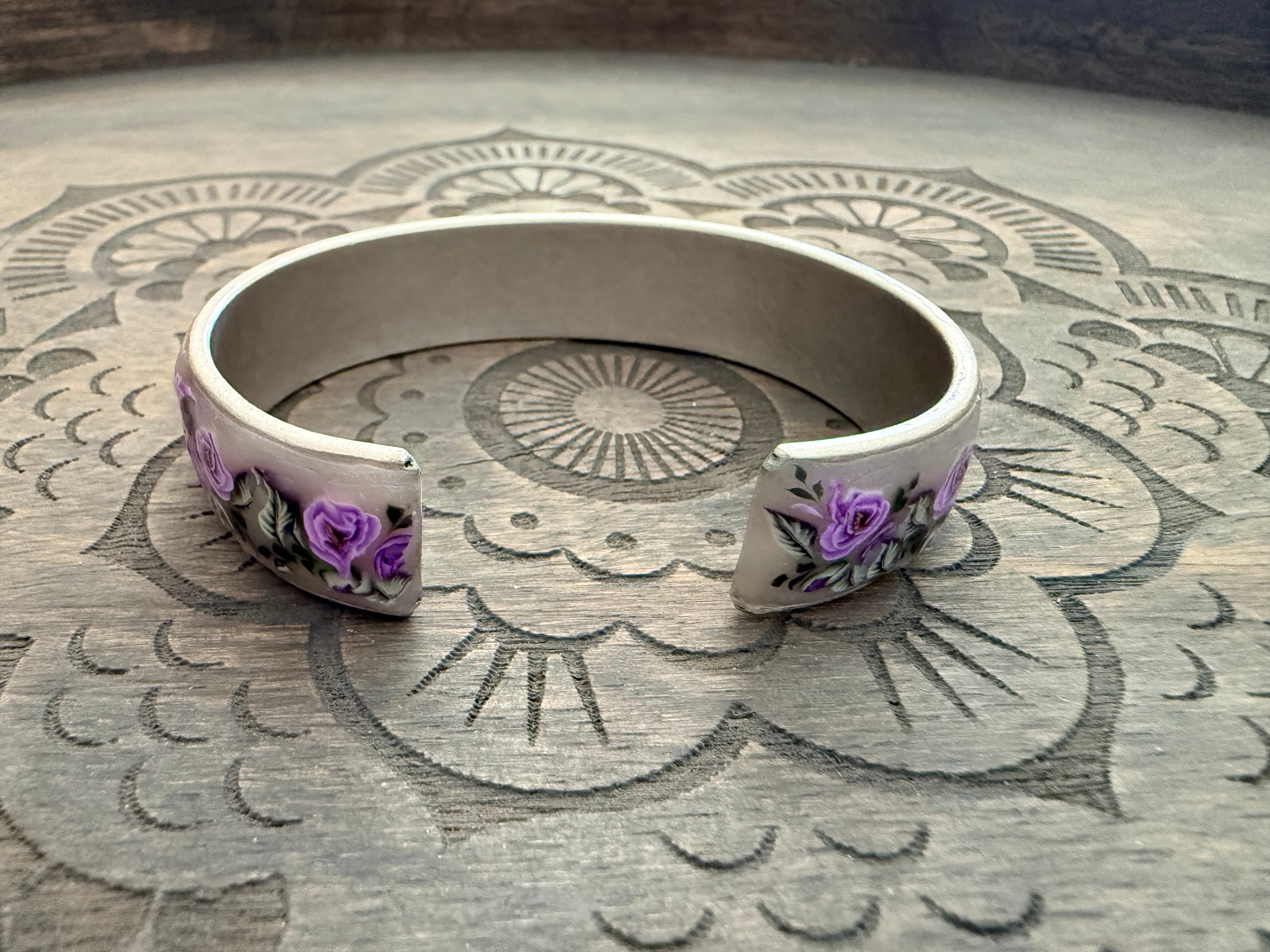 Lilac Roses, Buds & Leaves Polymer Clay On Antique Metal Bracelet