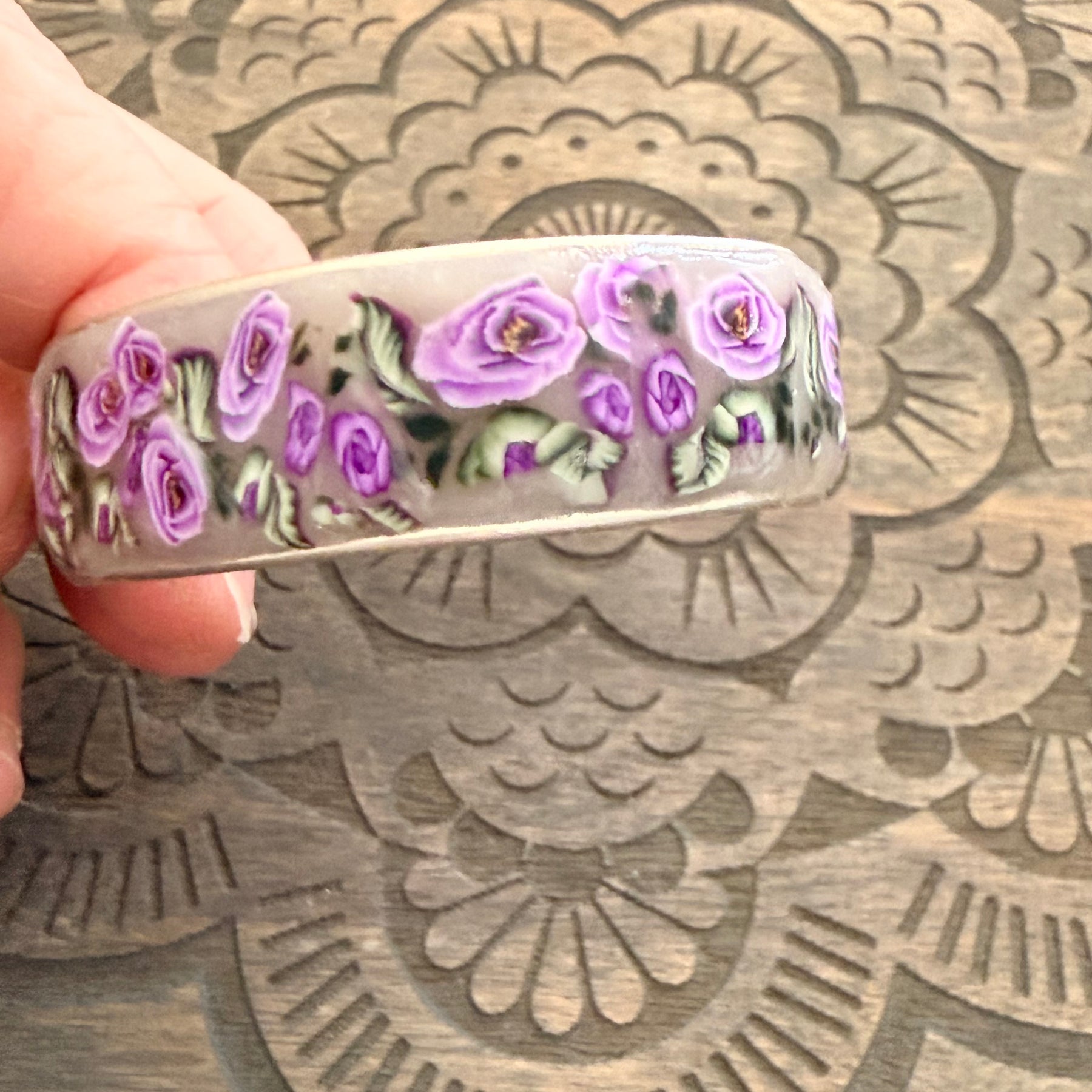 Lilac Roses, Buds & Leaves Polymer Clay On Antique Metal Bracelet