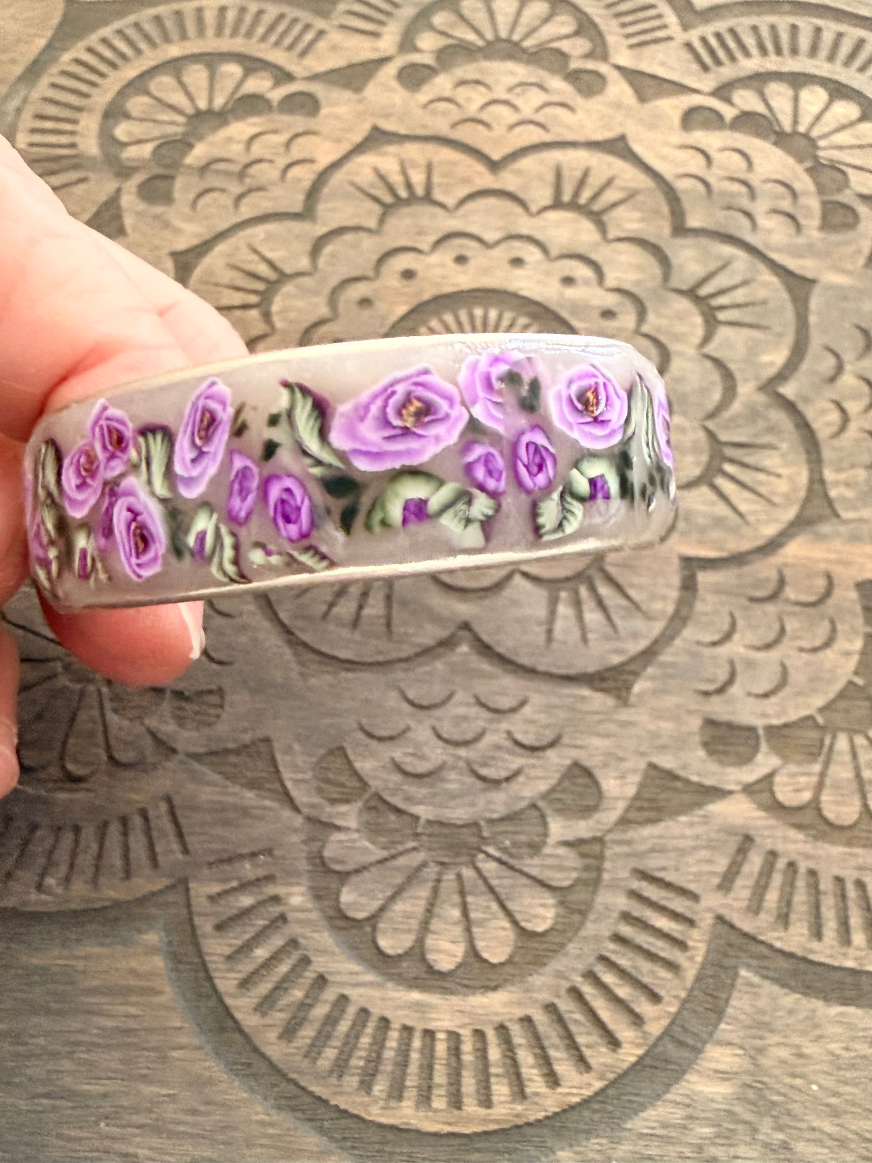 Lilac Roses, Buds & Leaves Polymer Clay On Antique Metal Bracelet