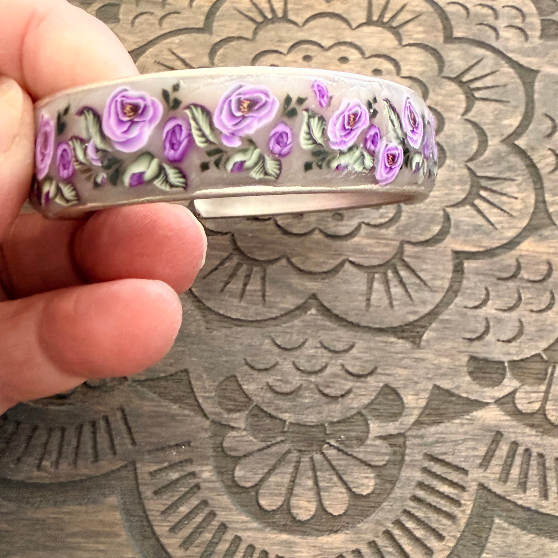 Lilac Roses, Buds & Leaves Polymer Clay On Antique Metal Bracelet