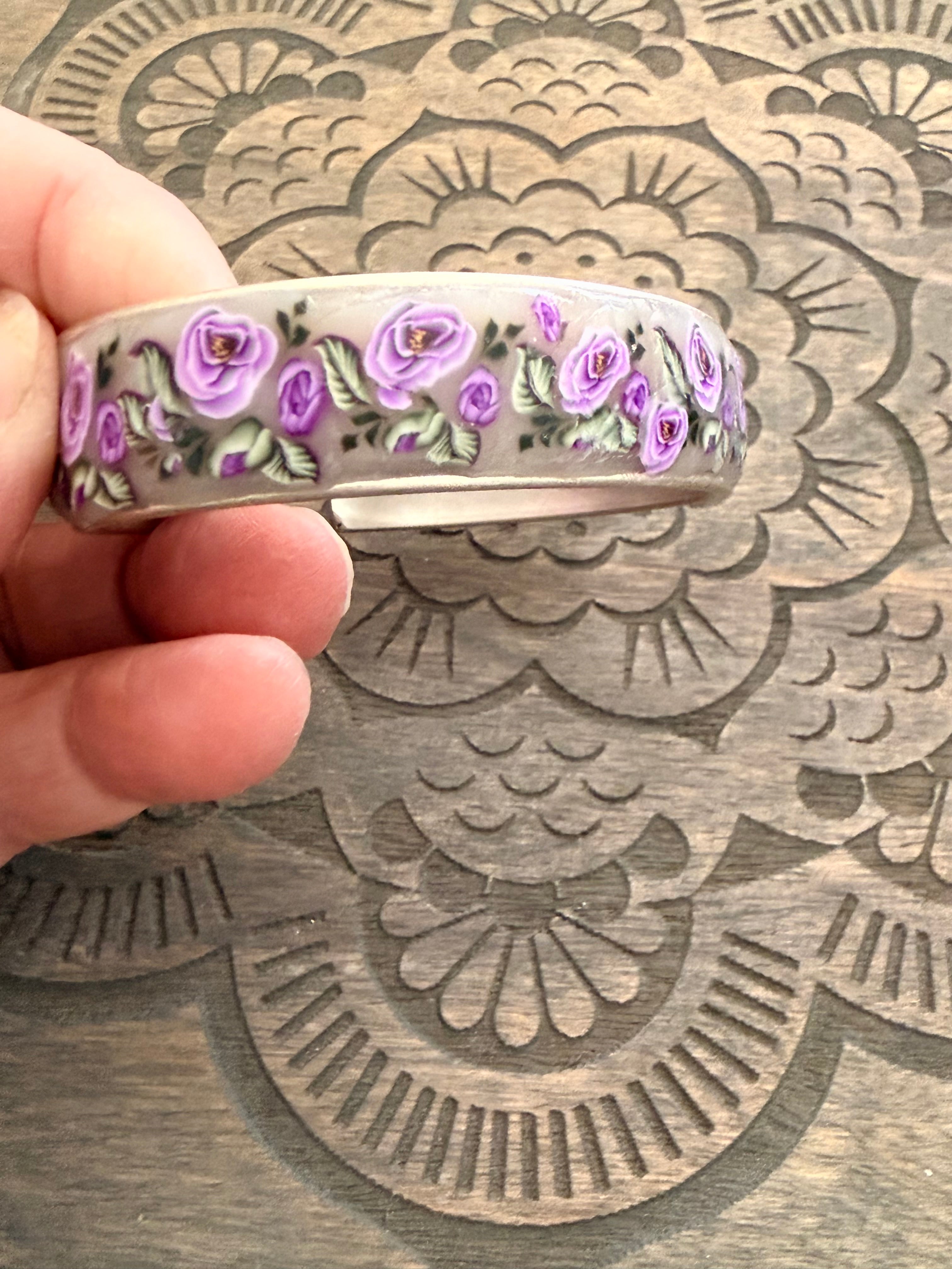 Lilac Roses, Buds & Leaves Polymer Clay On Antique Metal Bracelet