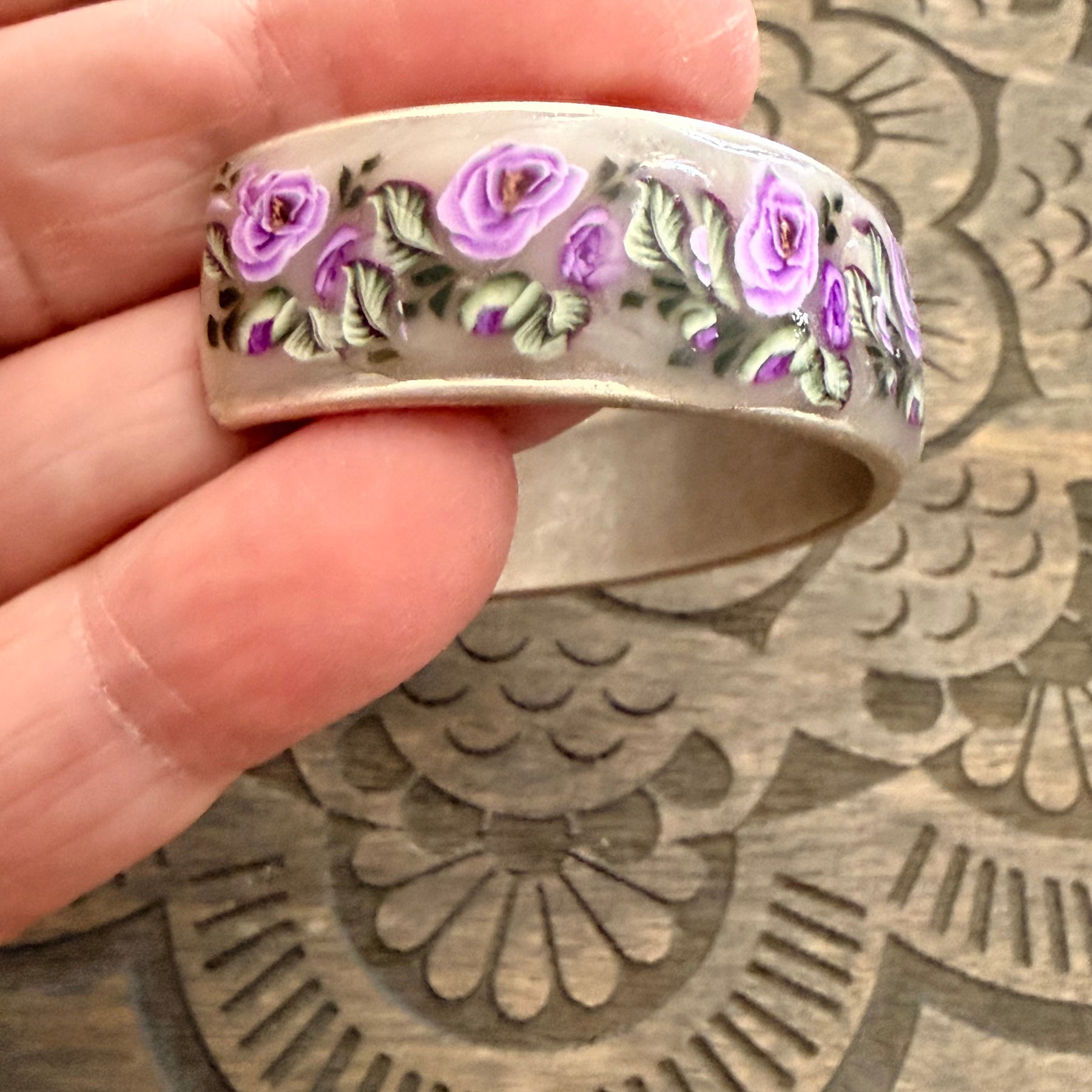 Lilac Roses, Buds & Leaves Polymer Clay On Antique Metal Bracelet