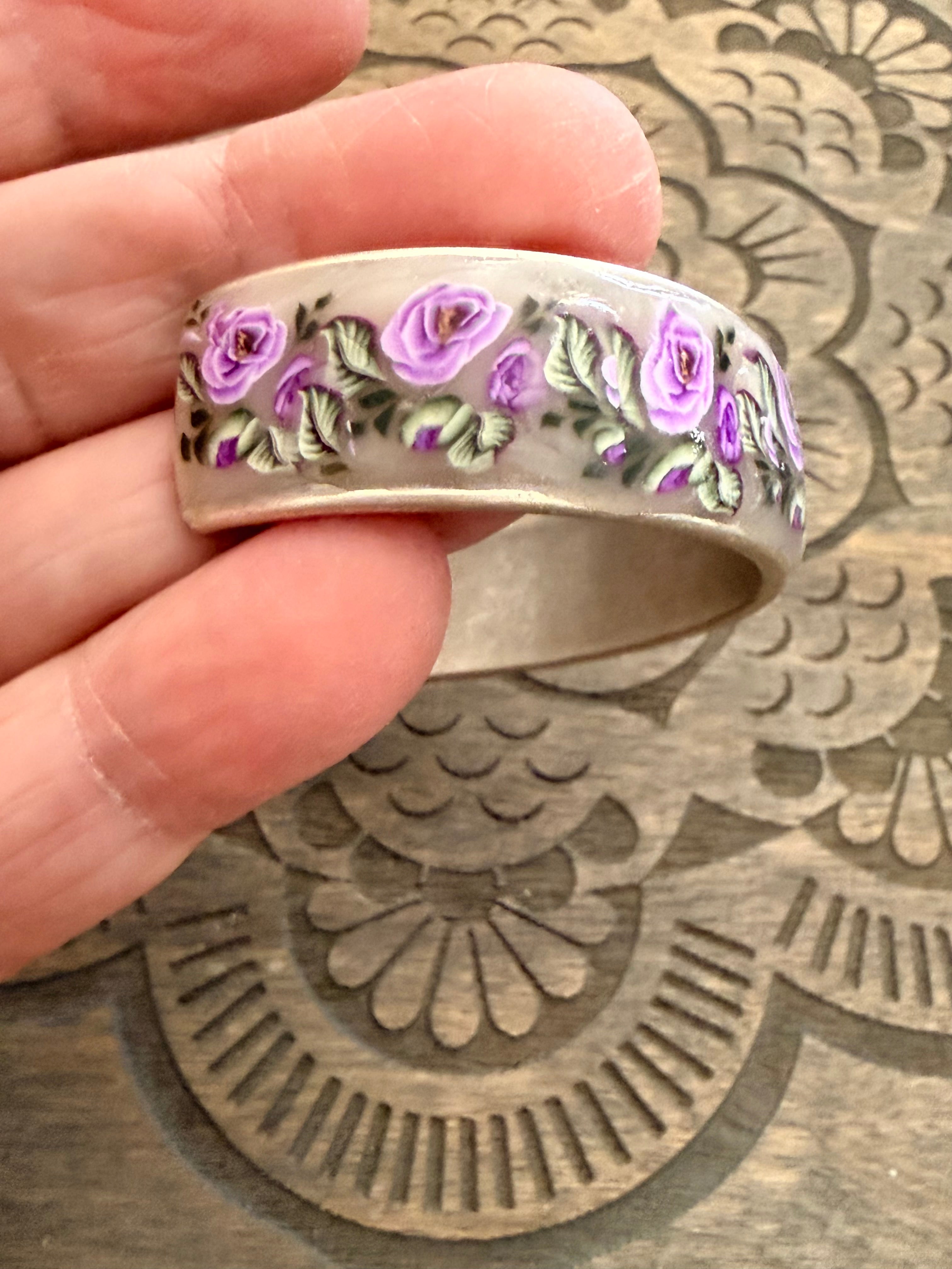 Lilac Roses, Buds & Leaves Polymer Clay On Antique Metal Bracelet