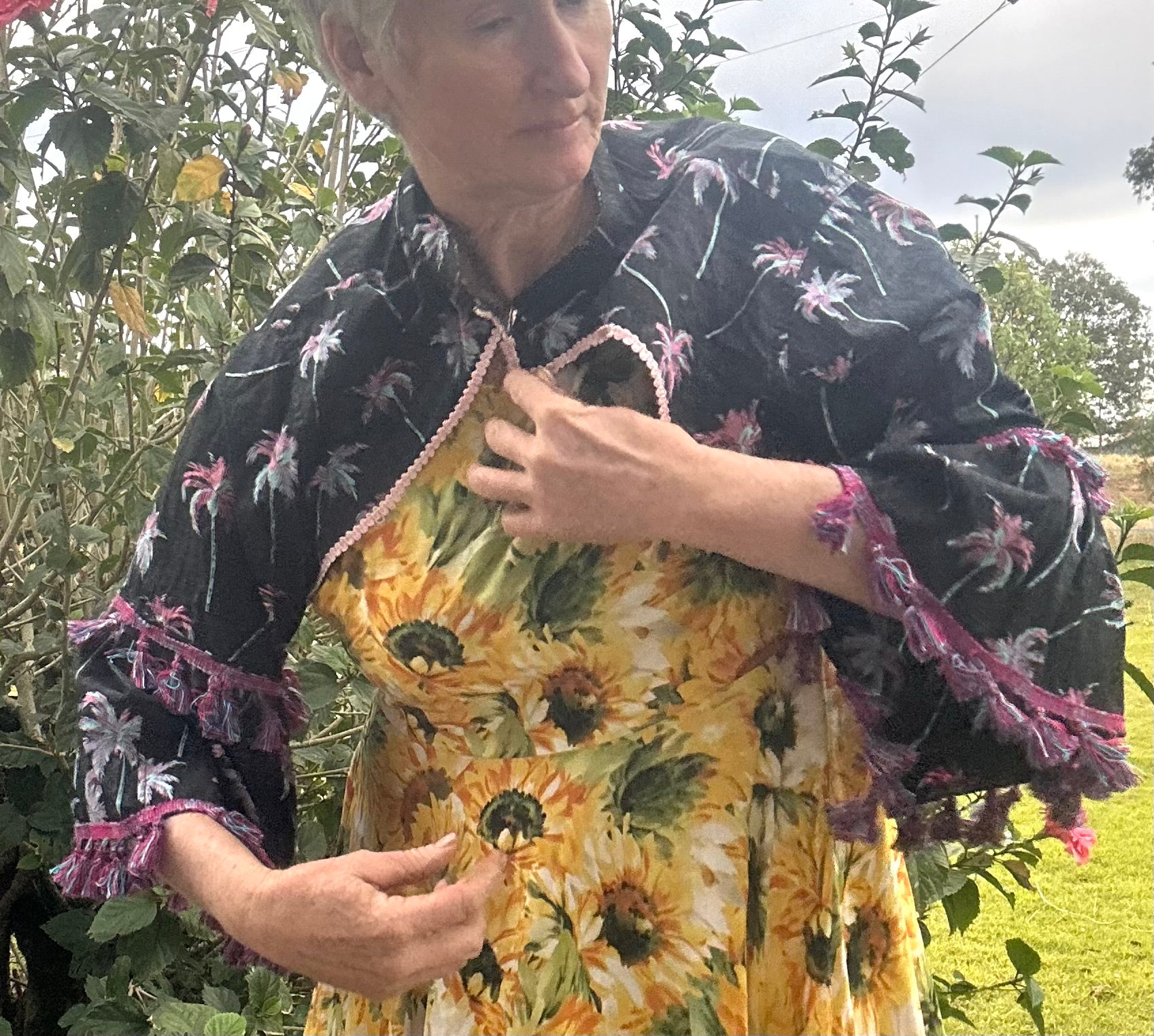 Upcycled Pink Palms on Black Bolero 3/4 Sleeves