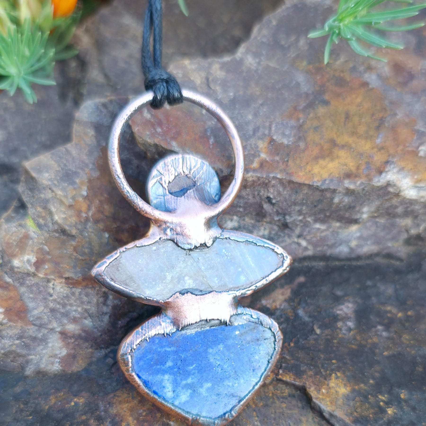 Lapis Lazuli & Belomorite Moonstone Copper Electroformed Pendant