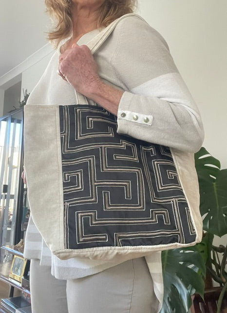 Cream Velvet Tote with Black/Brass Embroidery
