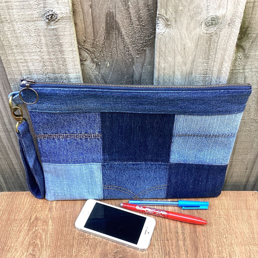 Large Upcycled Denim Pouch #7 - Patchwork Squares