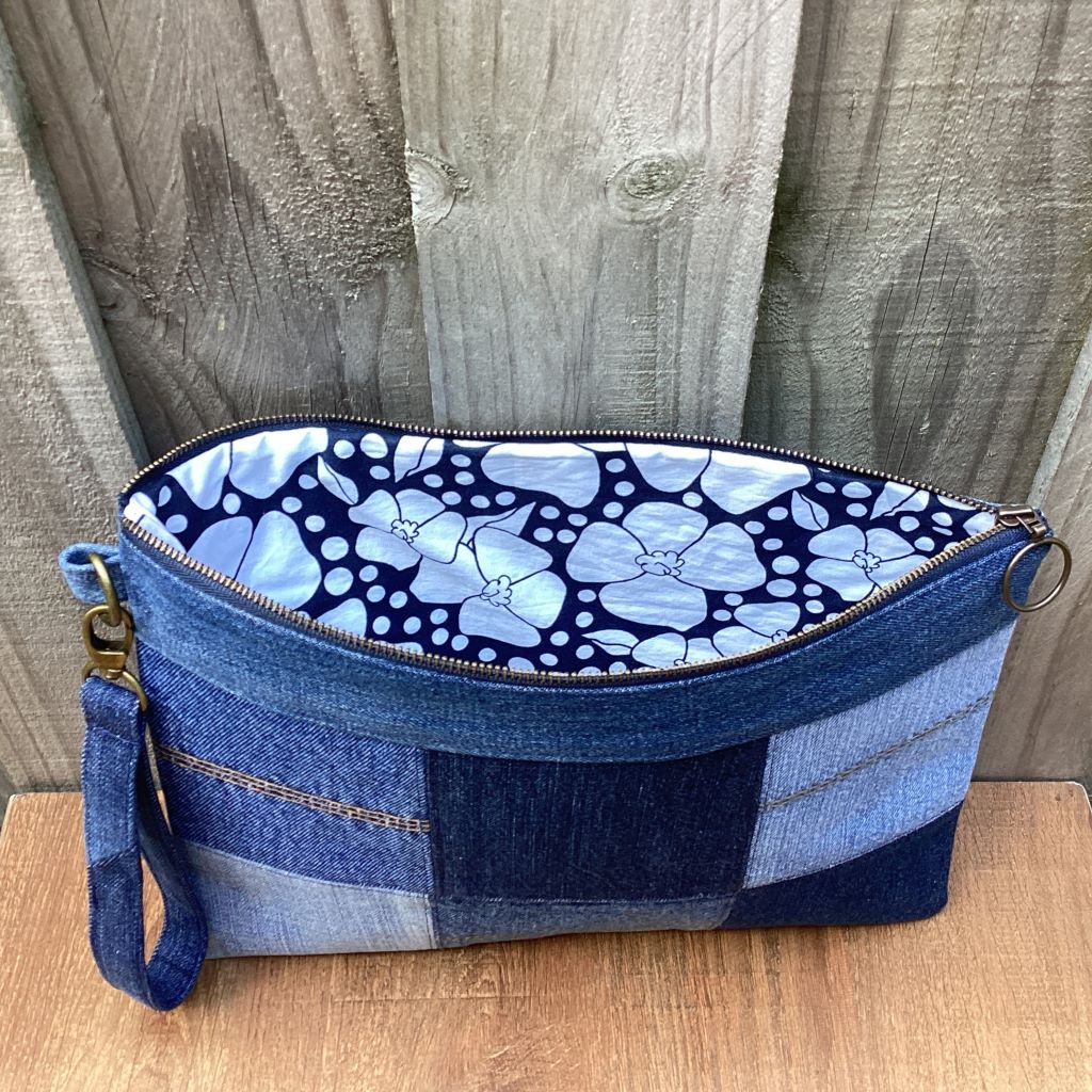 Large Upcycled Denim Pouch #7 - Patchwork Squares