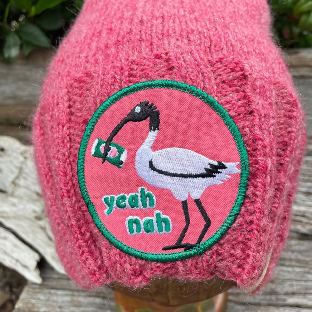 HATITUDE Pink Ibis Handknitted beanie with “Yea Nah” Patch