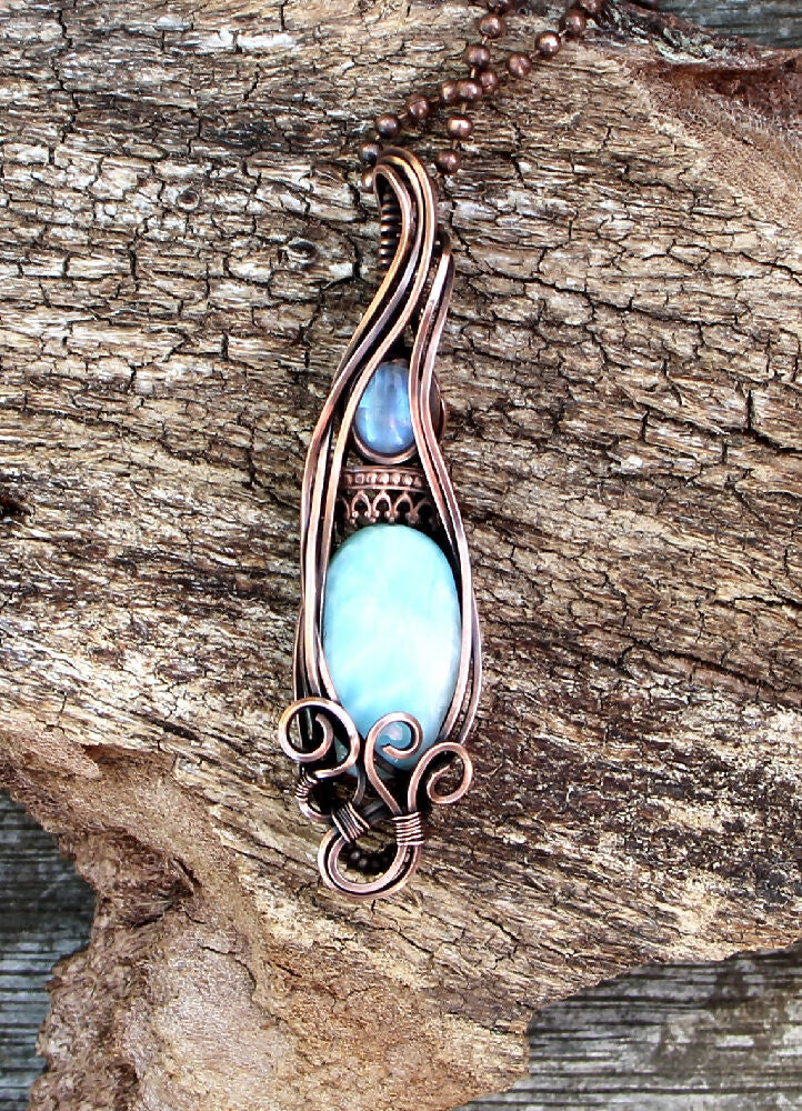 Larimar with Rainbow Moonstone accent in Copper with chain