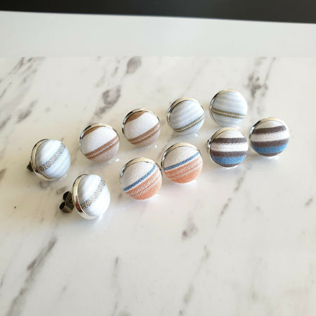 1.4cm Round Minimal style Striped cotton fabric Silver colour Cabochon stud earrings