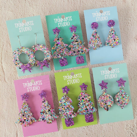 Neon Pastel Glitter Resin Christmas Tree Statement Earrings