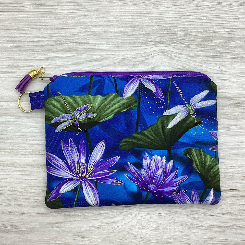 Dragonflies and waterlilies Zip Pouch (21cm x 16cm) Fully lined, lightly padded