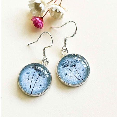 Blue Dandelion Flower Earrings