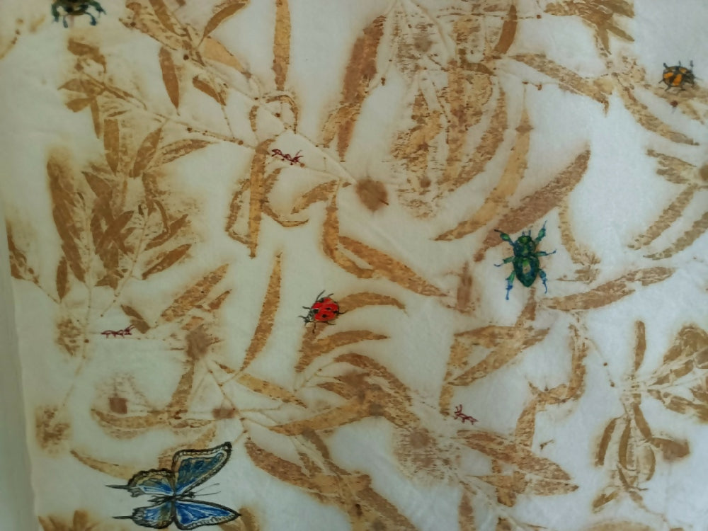 Insects In The Eucalypts - Eco printed wool hanging with hand drawn and painted insects