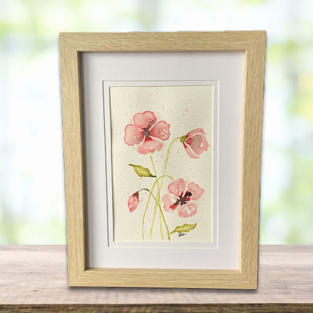 17x22.5cm Framed Original Watercolour Painting - Poppies - Light Frame