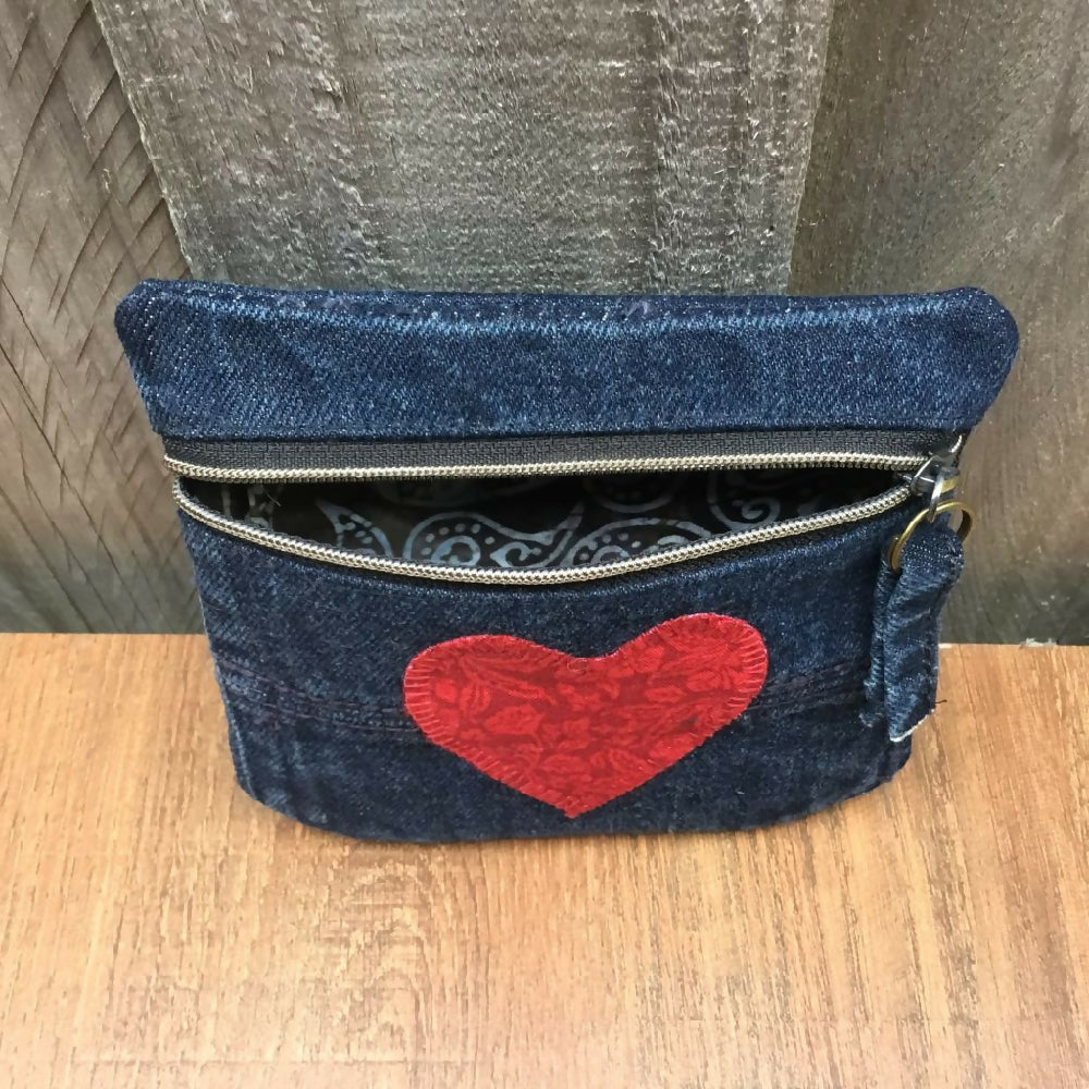 Upcycled Denim Back Pocket Purse – Red Heart